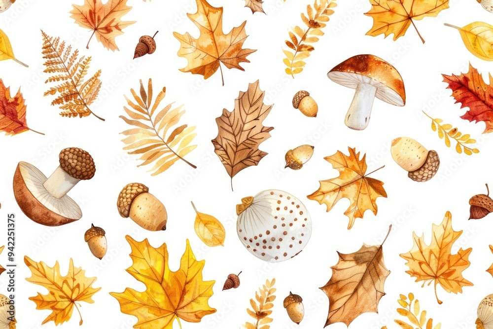Poster a pattern of autumn leaves and acorns on a white background