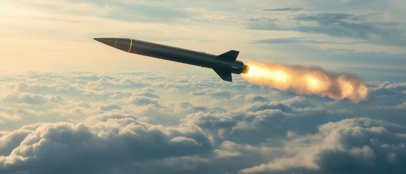 ICBM ballistic missile flying high in air above sky. Nuclear threat concept. Generative AI