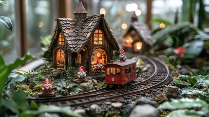 Fototapeta premium A railroad track with a tiny home above it and a train on the opposite side