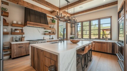 Modern rustic kitchen interior design, The room is filled with natural light and has a cozy.