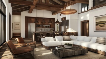 Modern rustic living room interior design, The room is filled with natural light and has a cozy.