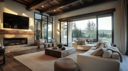 Fototapeta premium Modern rustic living room interior design, The room is filled with natural light and has a cozy.