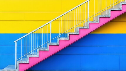  A yellow and pink staircase adjacent to a blue and yellow wall with a fire hydrant in the foreground