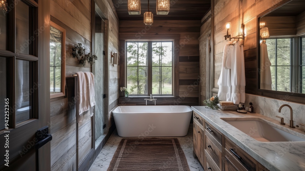 Wall mural modern rustic bathroom interior design, the room is filled with natural light and has a cozy.