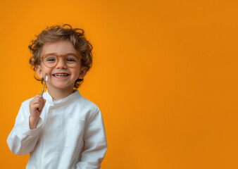 Small boy in dentist costume, holding small mirror. Studio portrait banner, copy space on side. Generative AI