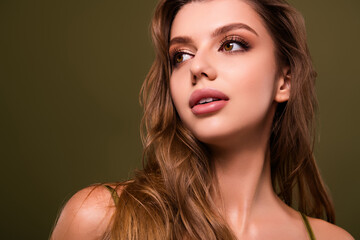 Photo of lovely elegant tender gorgeous lady long black lashes isolated on khaki color background