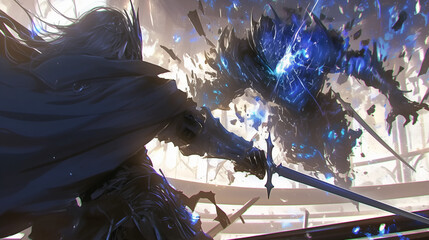 determined elf fighter unleashing a powerful strike against a shadowy foe in a luminous battleground