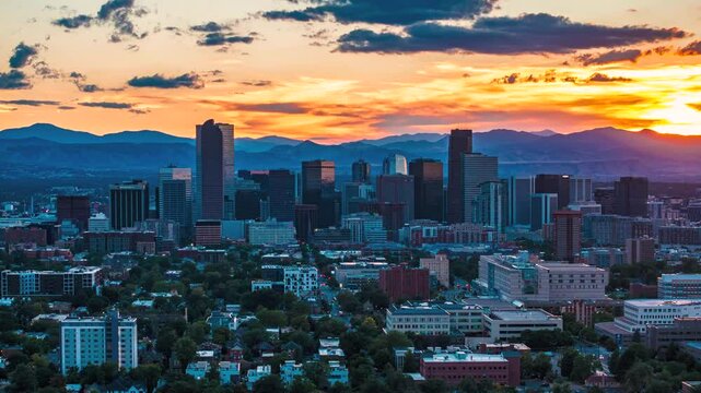 Sunset over the city skyline, aerial hyperlapse, Denver, Colorado, 4K