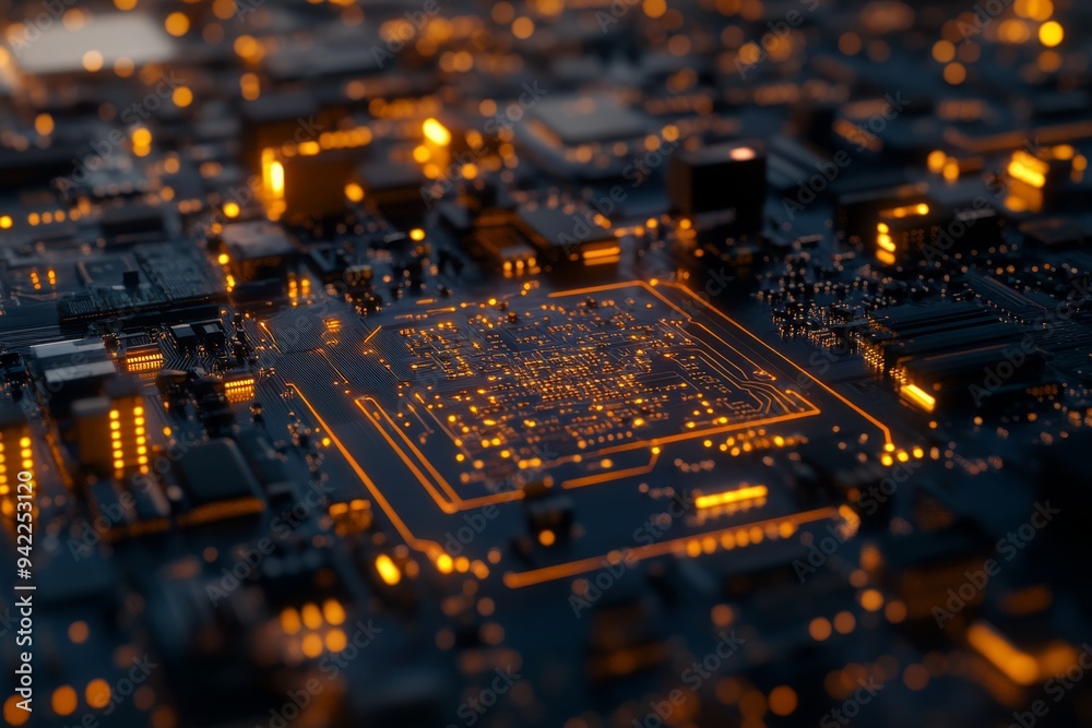 Poster a detailed closeup view of the intricate and complex circuitry found on a microchip, illustrating th