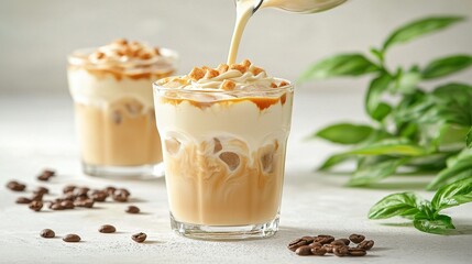   A spoon pours coffee into a glass filled with coffee beans and topped with whipped cream and a sprinkle of coffee beans