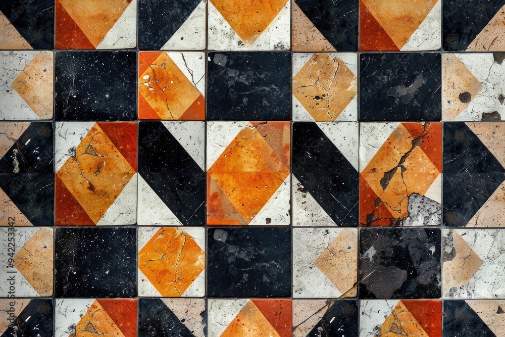 Poster a close-up of a tiled floor featuring orange and black squares, great for use in interior design or 