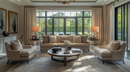 Fototapeta premium Living room Interior design in the transitional style, decorated with a lot of wood and has a warm.