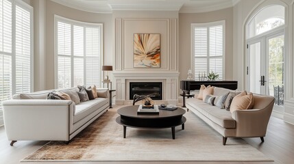 Living room Interior design in the transitional style, decorated with a lot of wood and has a warm.