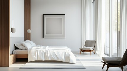 Fototapeta premium Minimalist bedroom is bright and airy, simple furnishings.