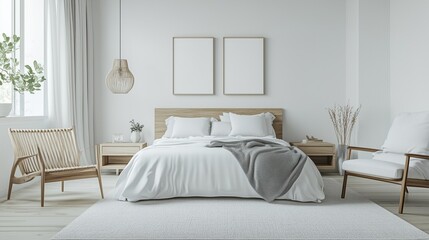 Minimalist bedroom is bright and airy, simple furnishings.