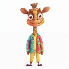 Obraz premium Cute cartoon giraffe character wearing a colorful jacket and yellow pants stands smiling on a white background.