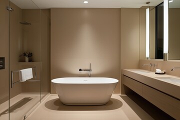 Modern Minimalist Beige Bathroom Featuring Elegant Free-Standing Tub Design