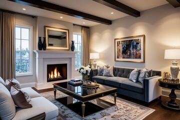 Elegant Living Room Interior with Fireplace and Sophisticated Coffee Table Showcase