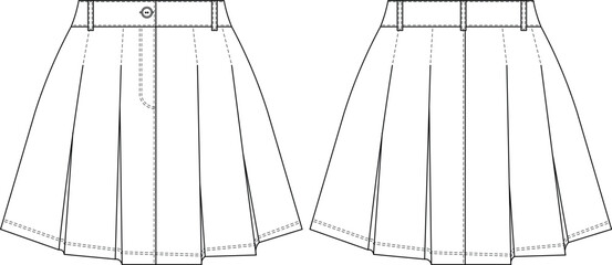 zippered pleated mini a line short skirt denim jean template technical drawing flat sketch cad mockup fashion woman design style model  © sin