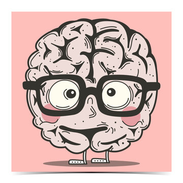 Funny pink nerd brain wearing glasses, vector illustration
