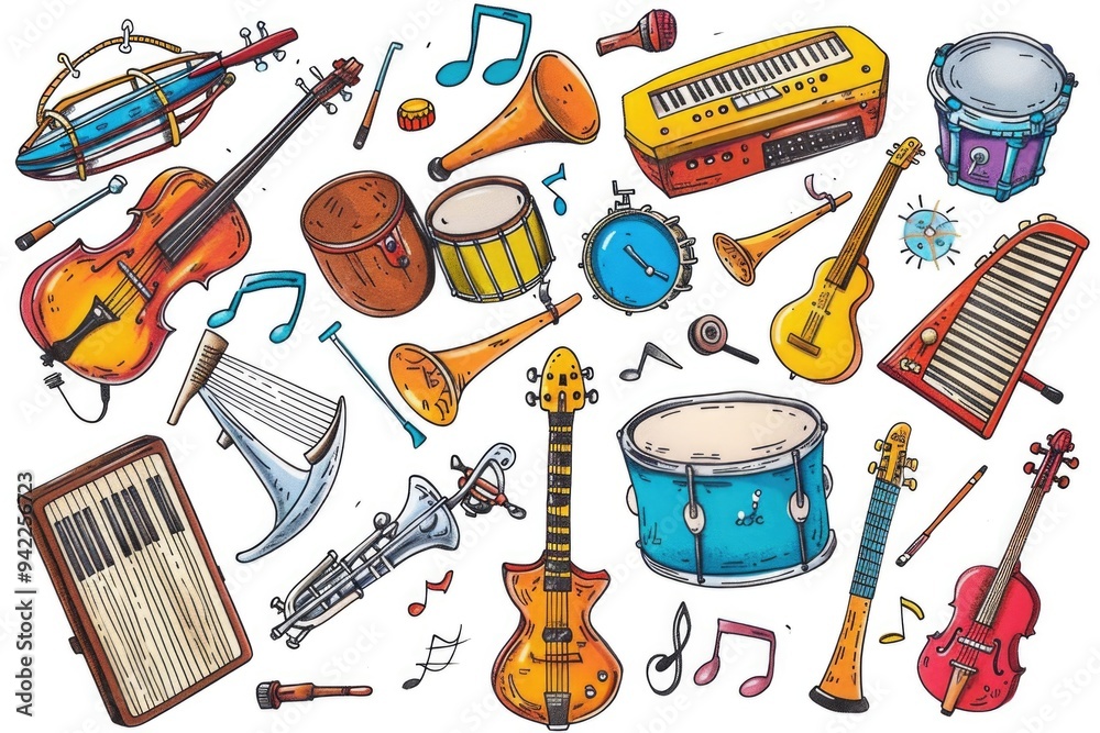 Poster A set of various musical instruments on display or storage