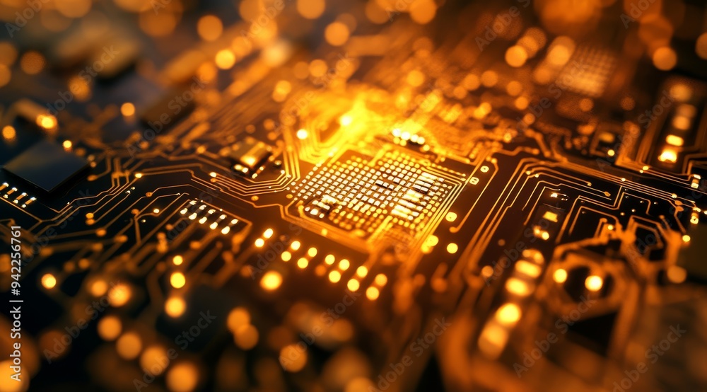 Poster here is a detailed closeup view of the complex circuitry on a microchip, showcasing the advanced tec
