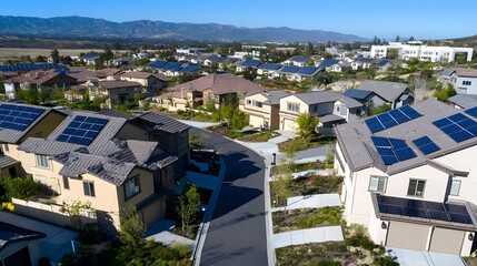 Fototapeta premium Aerial view of a suburban neighborhood with solar panels on the rooftops.