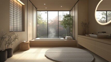 Fototapeta premium Japanese bathroom. The room is very clean and has a very peaceful and calming atmosphere.
