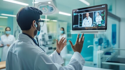 Obraz premium A male doctor in a hospital setting gestures during a video conference with other doctors.