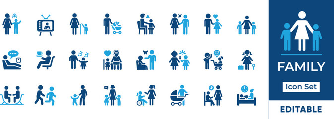 Family Icon Set featuring diverse family structures, relationships, and activities. Perfect for family-oriented websites, apps, and presentations. Editable vector graphics for customization.
