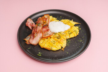 Baked potatoes with bacon, hearty breakfast, lunch, brunch.