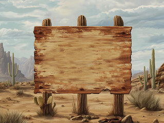 A wooden sign with a saguaro cactus, cartoon retro textural desert signage, rustic background; an old Wild West theme or southwestern desert cowboy motif,  copyspace, faded postcard