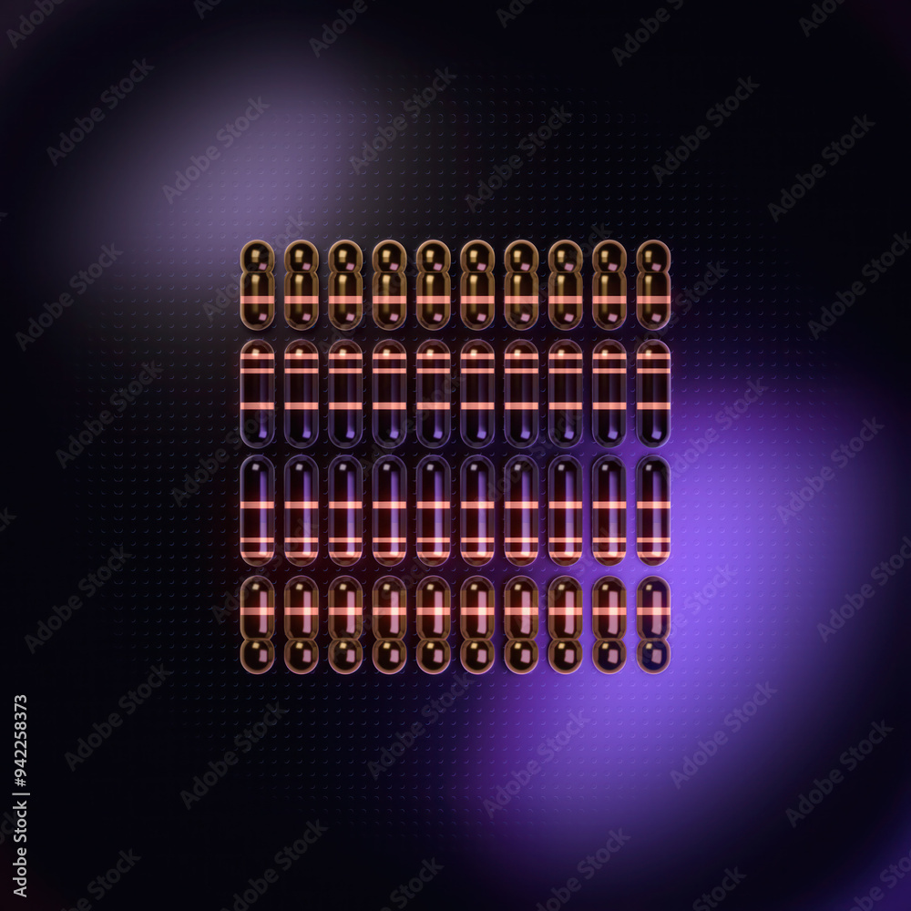 Poster Digital illustration of a group of capsules with bright shiny stripes arranged in a square. 3d rendering