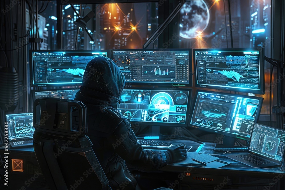 Aufkleber A person sits at a desk surrounded by multiple computer screens, possibly working or studying