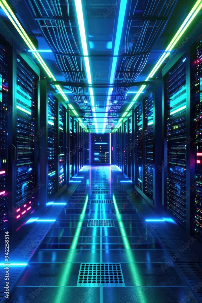 Poster rows of servers under bright neon lights in a data center