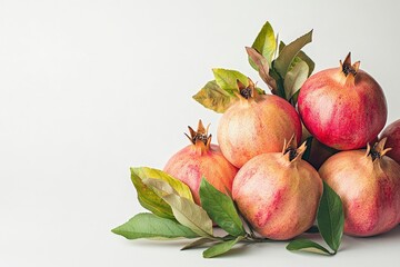 A cluster of pomegranates with green leaves on a light background.