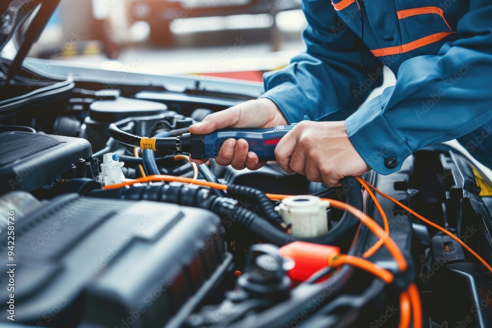 Poster a person tinkering with the engine of a vehicle, giving advice for using in automotive or repair con