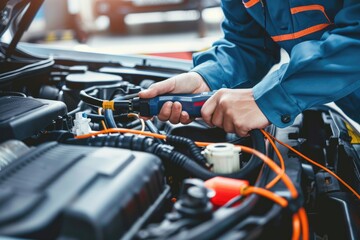 A person tinkering with the engine of a vehicle, giving advice for using in automotive or repair contexts