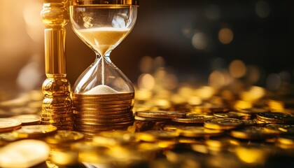 Golden coins and hourglass symbolize investment growth and savings in financial planning