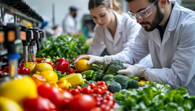Researchers analyzing fruits and vegetables in a laboratory setting for scientific study