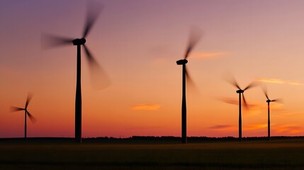 Obraz premium Wind turbines spin against a colorful sunset.