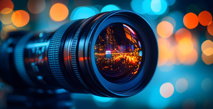 A camera lens with a colorful background