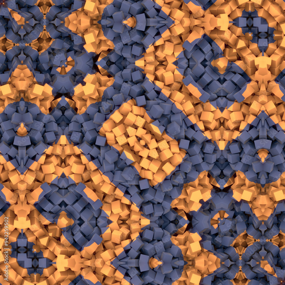 Poster Digital illustration of a geometric pattern that is a repeating motif of small blue and orange cubes. 3d rendering