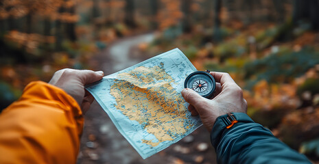 A person holding a map and a compass in a forest