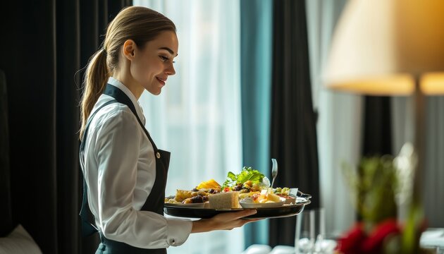 Waitress in uniform serving food to vip guests in a luxurious hotel room setting