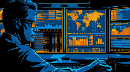 Stylized Analyst Reviewing Data on Multiple Monitors