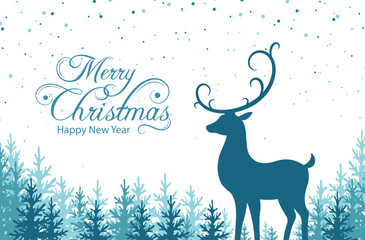 Merry Christmas and Happy New Year. Winter background with reindeer. Silhouette of deer against the background of fir forest. Design for holiday poster, banner, invitation, congratulations, greeting c