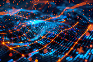 A computer generated image of a blue and orange wave with a lot of dots.