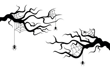 Scary tree branches with cobwebs and spiders. Poster holiday background template and Halloween cards. Isolated black silhouette on a white background. Vector illustration