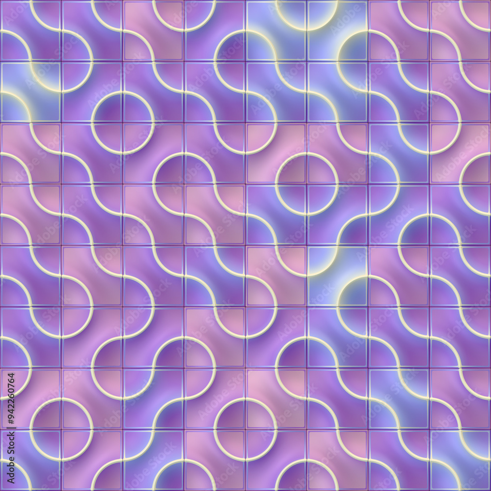 Poster Digital illustration of a colorful pattern of wavy lines and circles. 3d render
